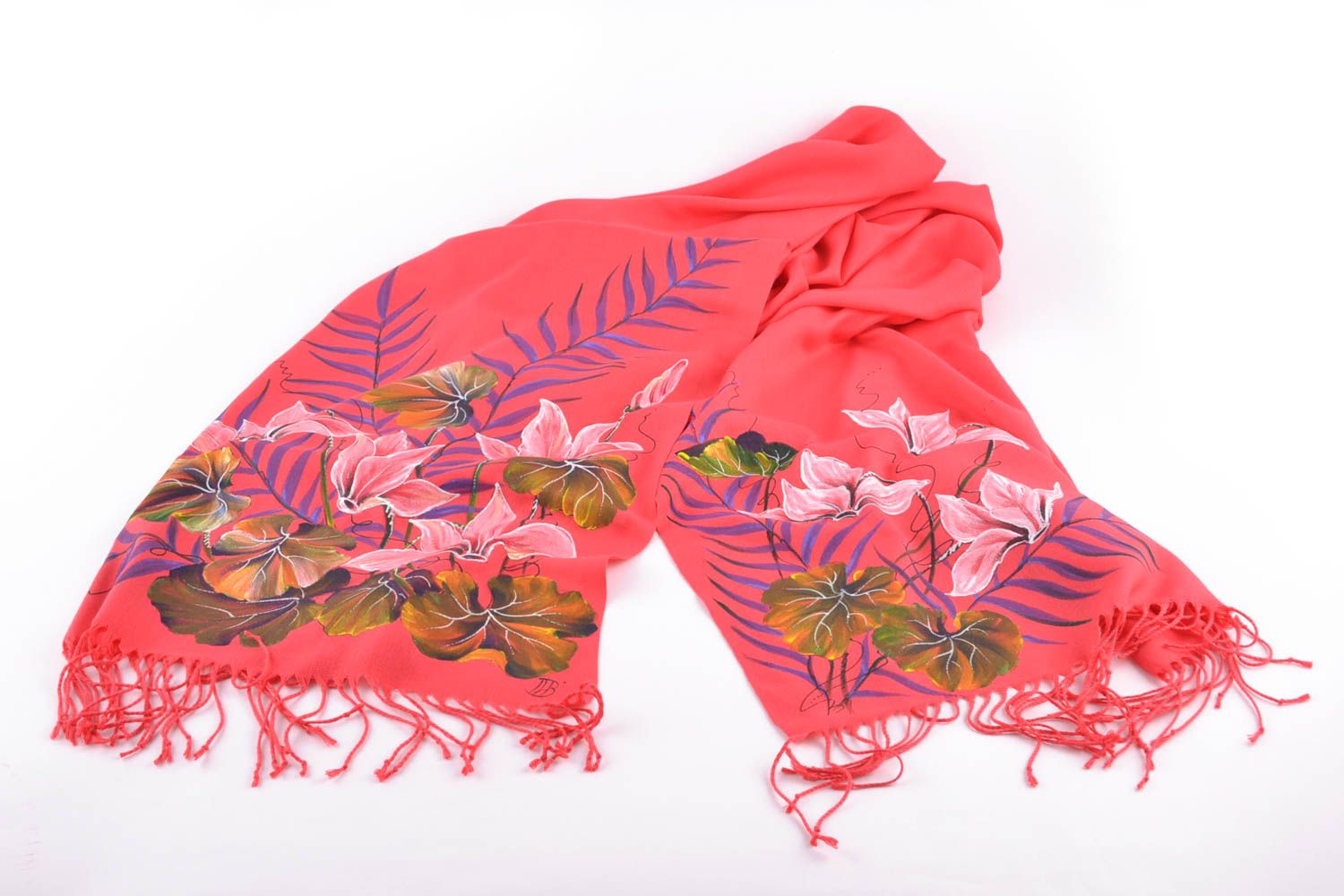 Grande écharpe en cachemire de couleur corail peinte faite main pour femme photo 4