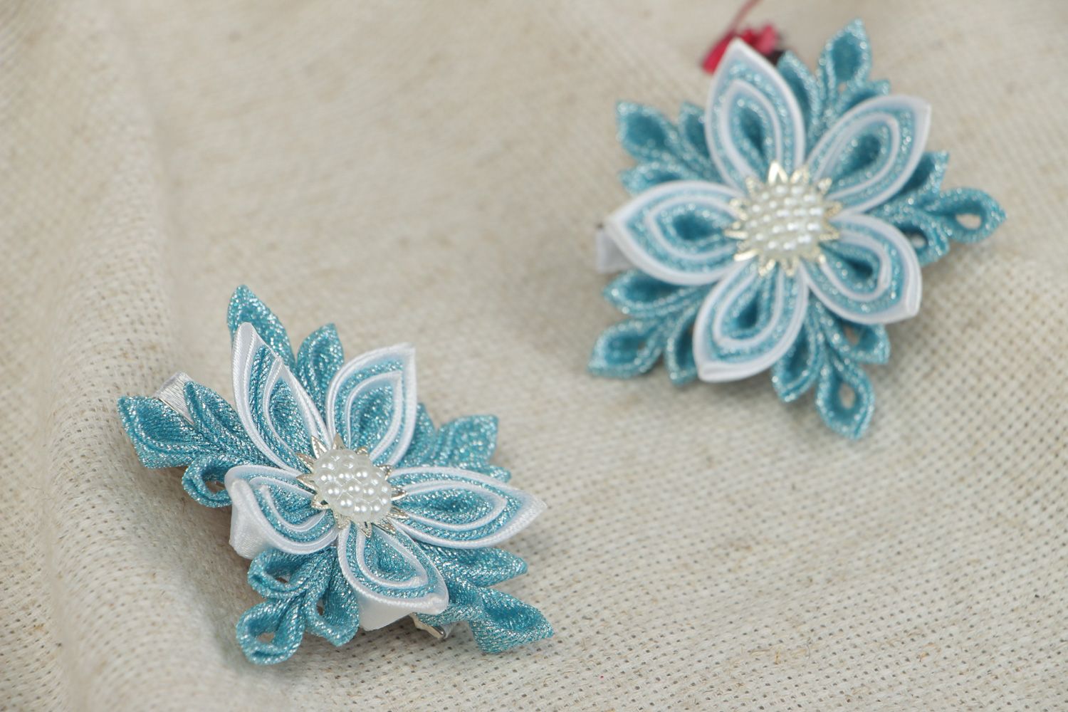 Set of handmade hair clips with satin and brocade kanzashi flowers in blue color photo 5
