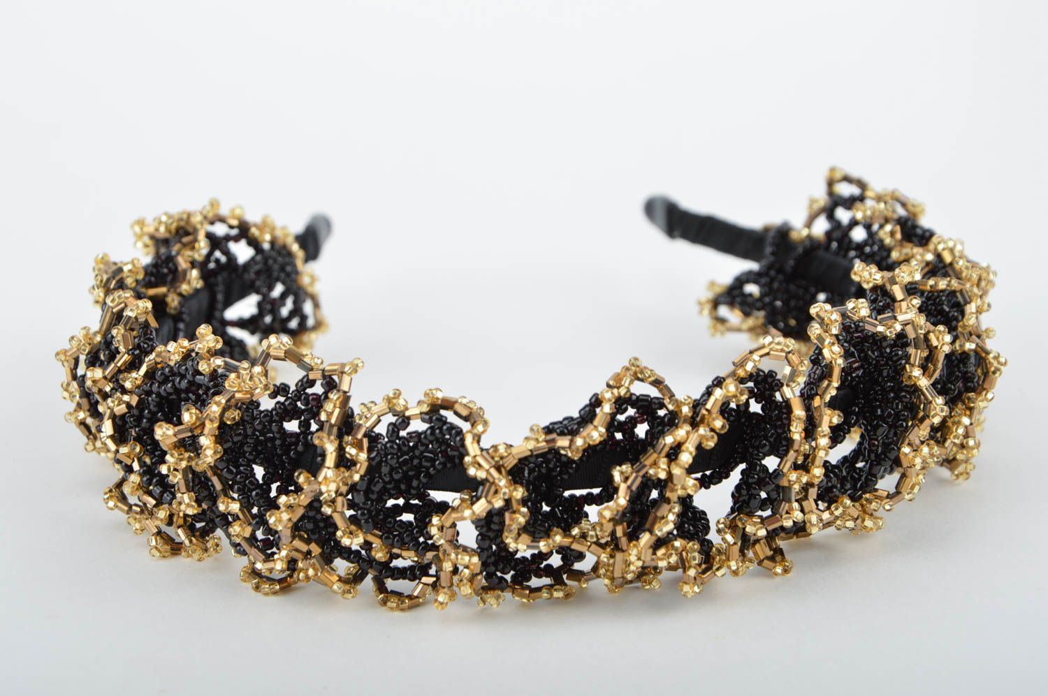 Unusual beautiful handmade designer beaded headband of black and gold colors photo 5