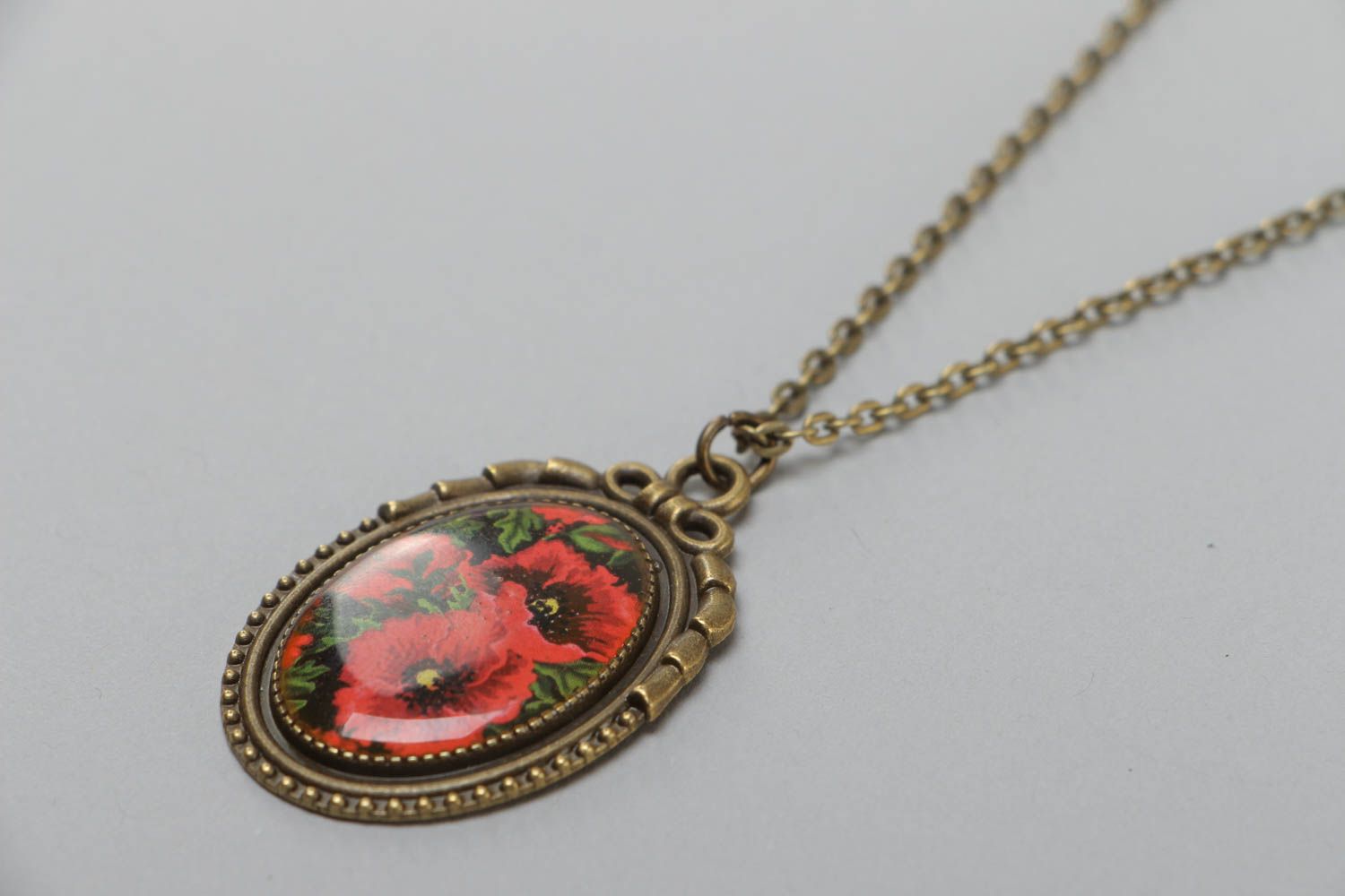 Handmade metal vintage neck pendant with glass glaze and metal chain Red Poppies photo 3