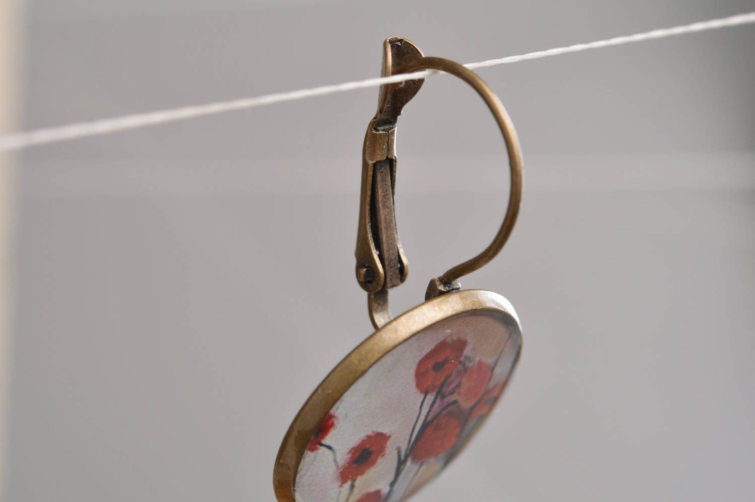 Handmade designer round decoupage earrings in epoxy resin Poppy Flowers photo 2