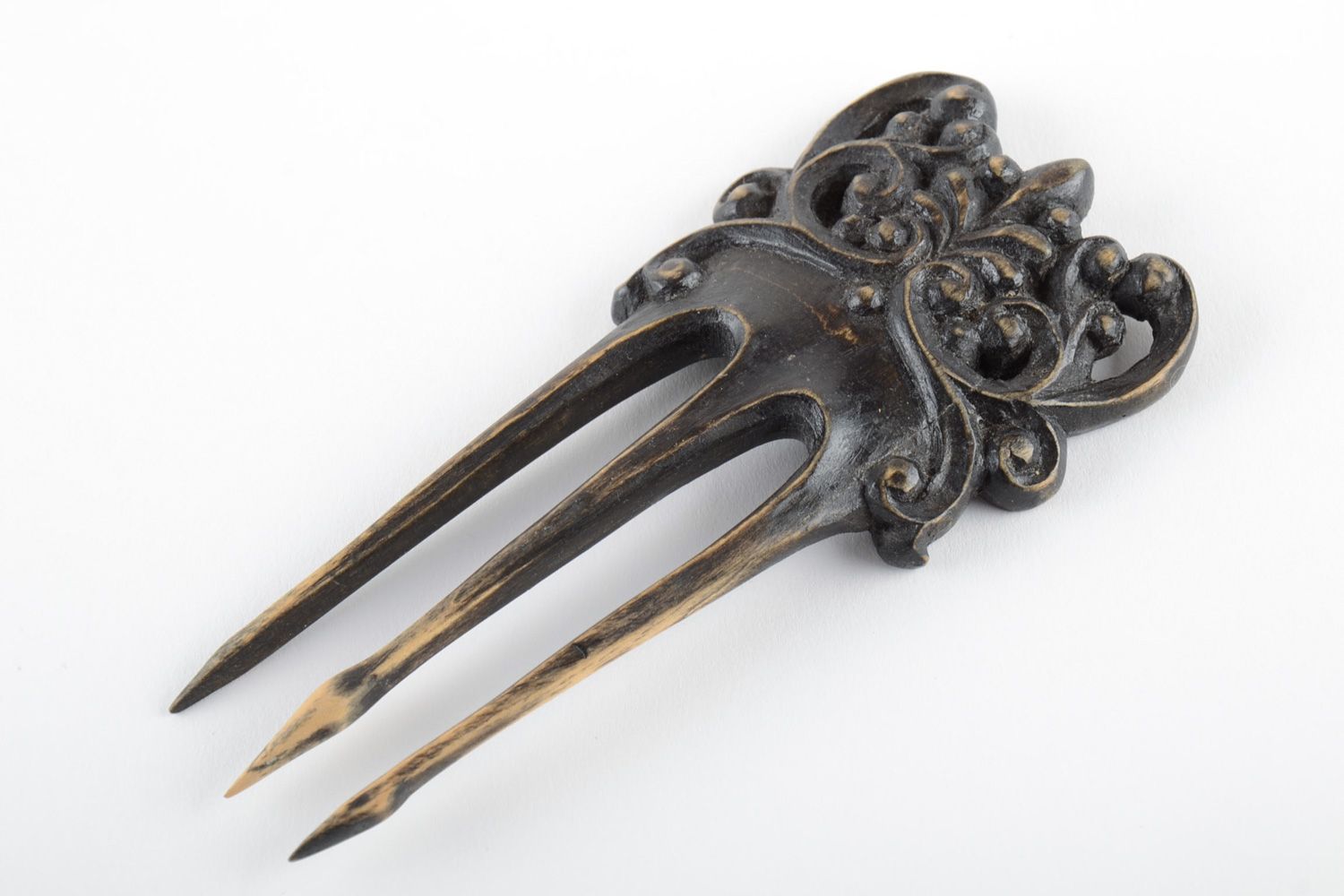 Handmade dark tinted wooden hair pin with carved ornament in ethnic style photo 2