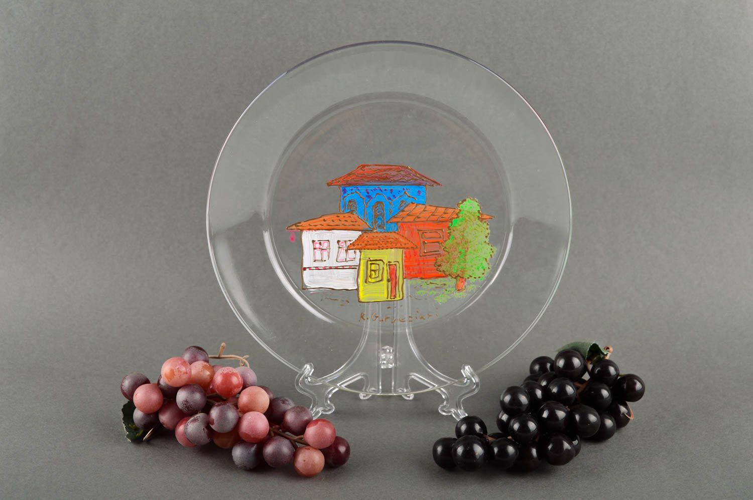 Assiette décorative en verre faite main transparente avec maisons Déco originale photo 1