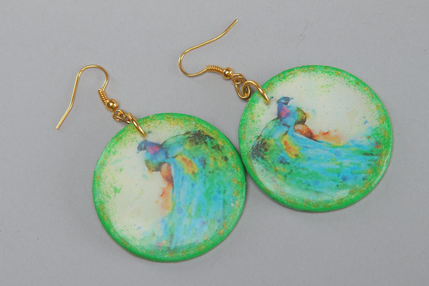 Handmade polymer clay earrings with print coated with epoxy resin Peacock photo 1