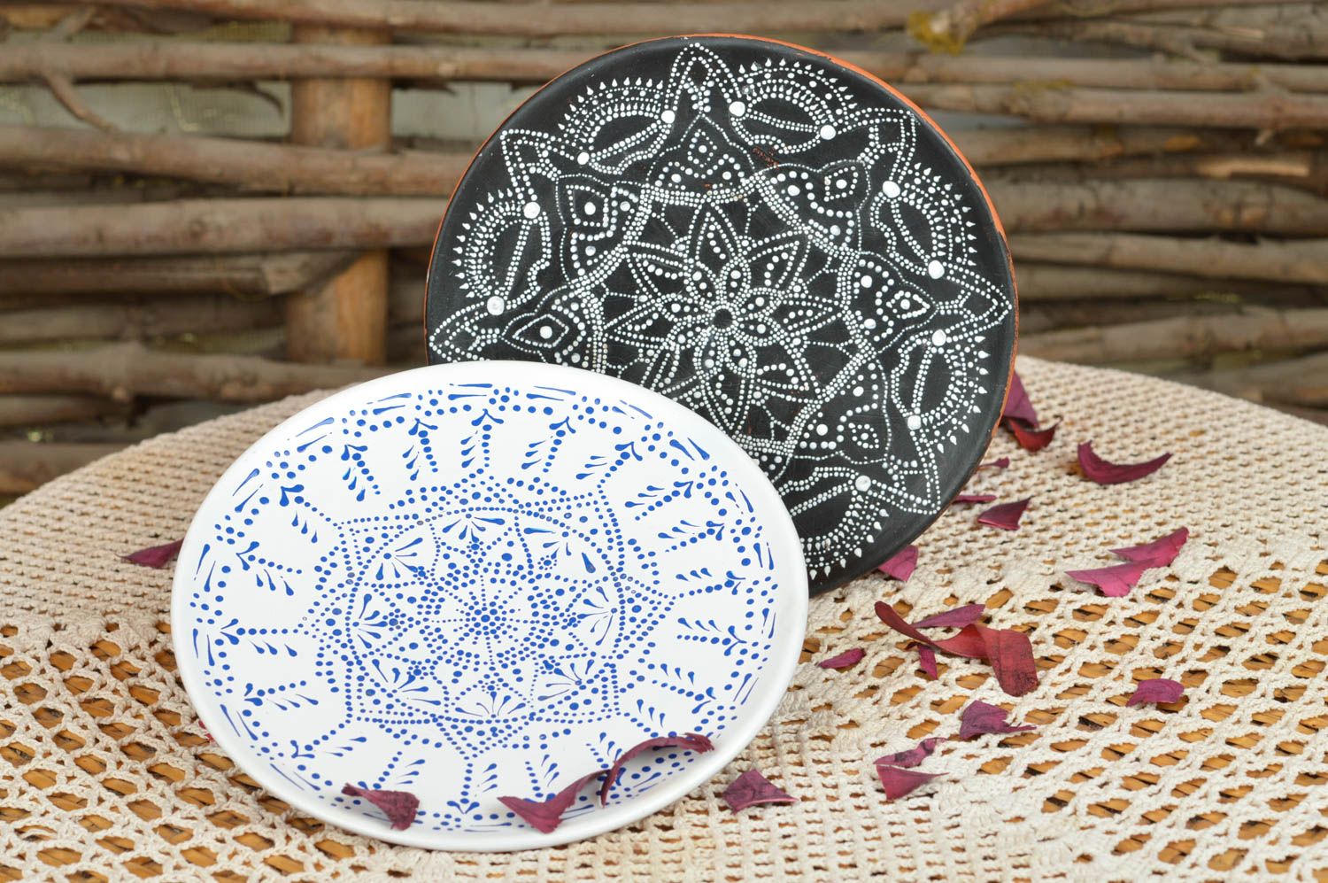 Set of 2 handmade designer decorative clay wall plates with acrylic dot painting photo 1