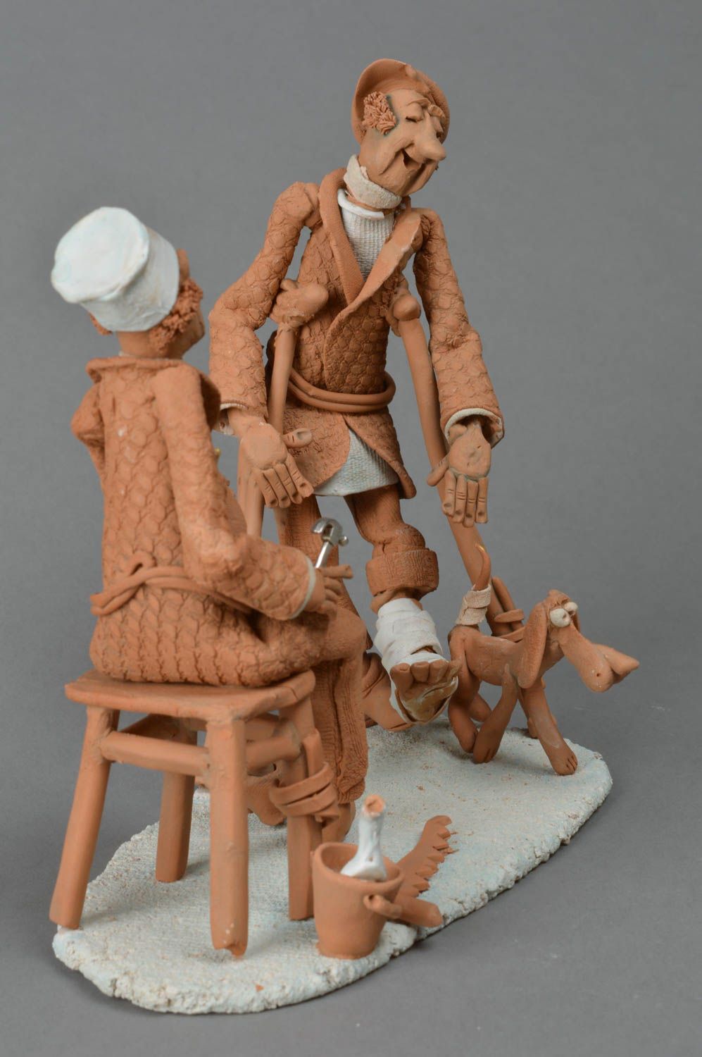 Handmade unusual ceramic miniature sculpture composition Visit to a Doctor photo 3