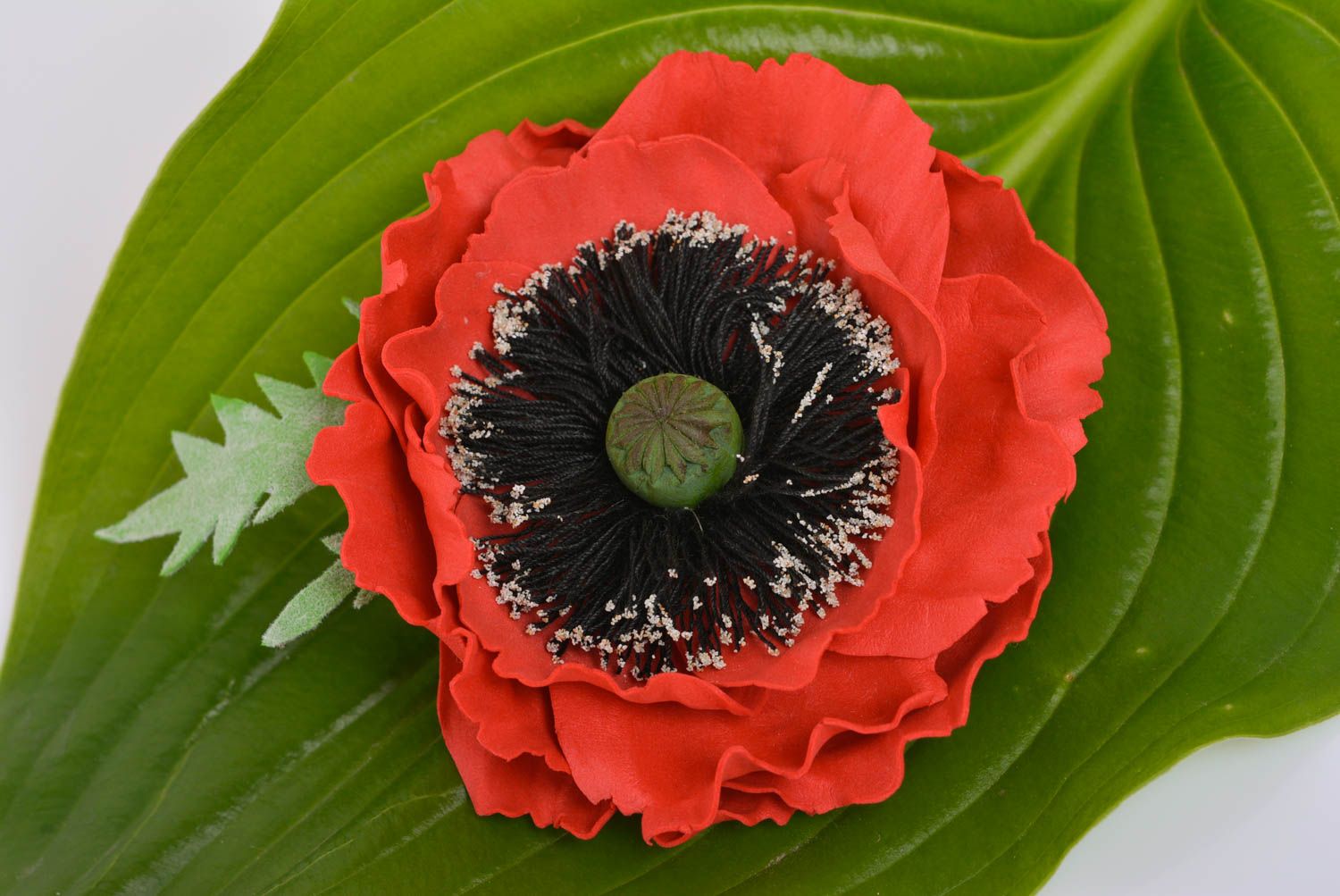 Handmade designer hair clip brooch with large bright red foamiran poppy flower photo 3