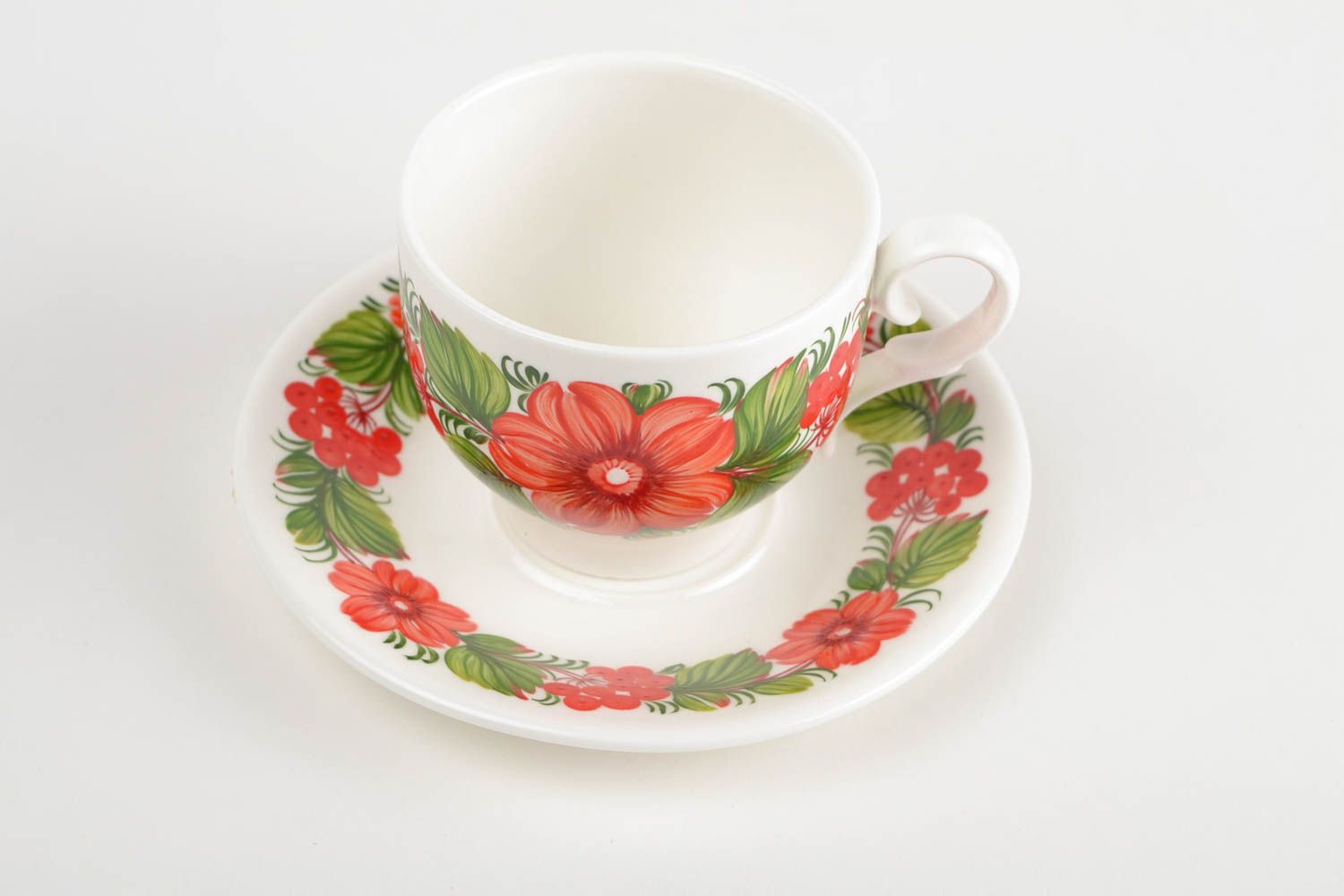 8 oz porcelain teacup with Russian style floral red and green pattern photo 5