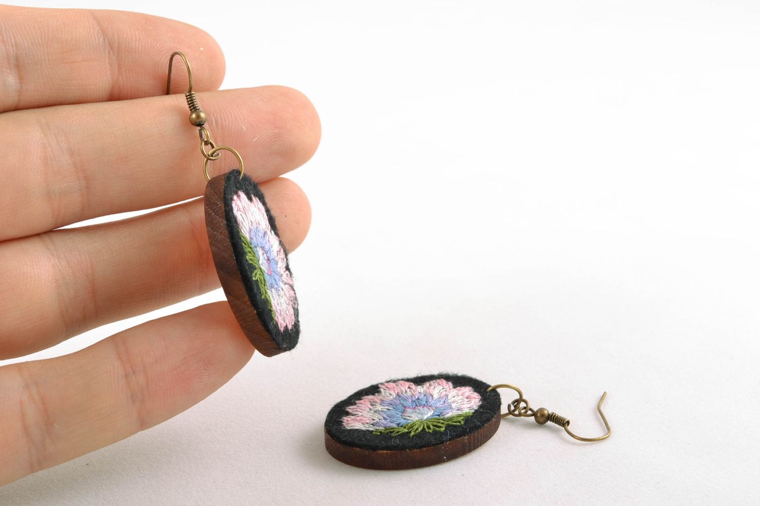 Round earrings with satin stitch embroidery photo 2