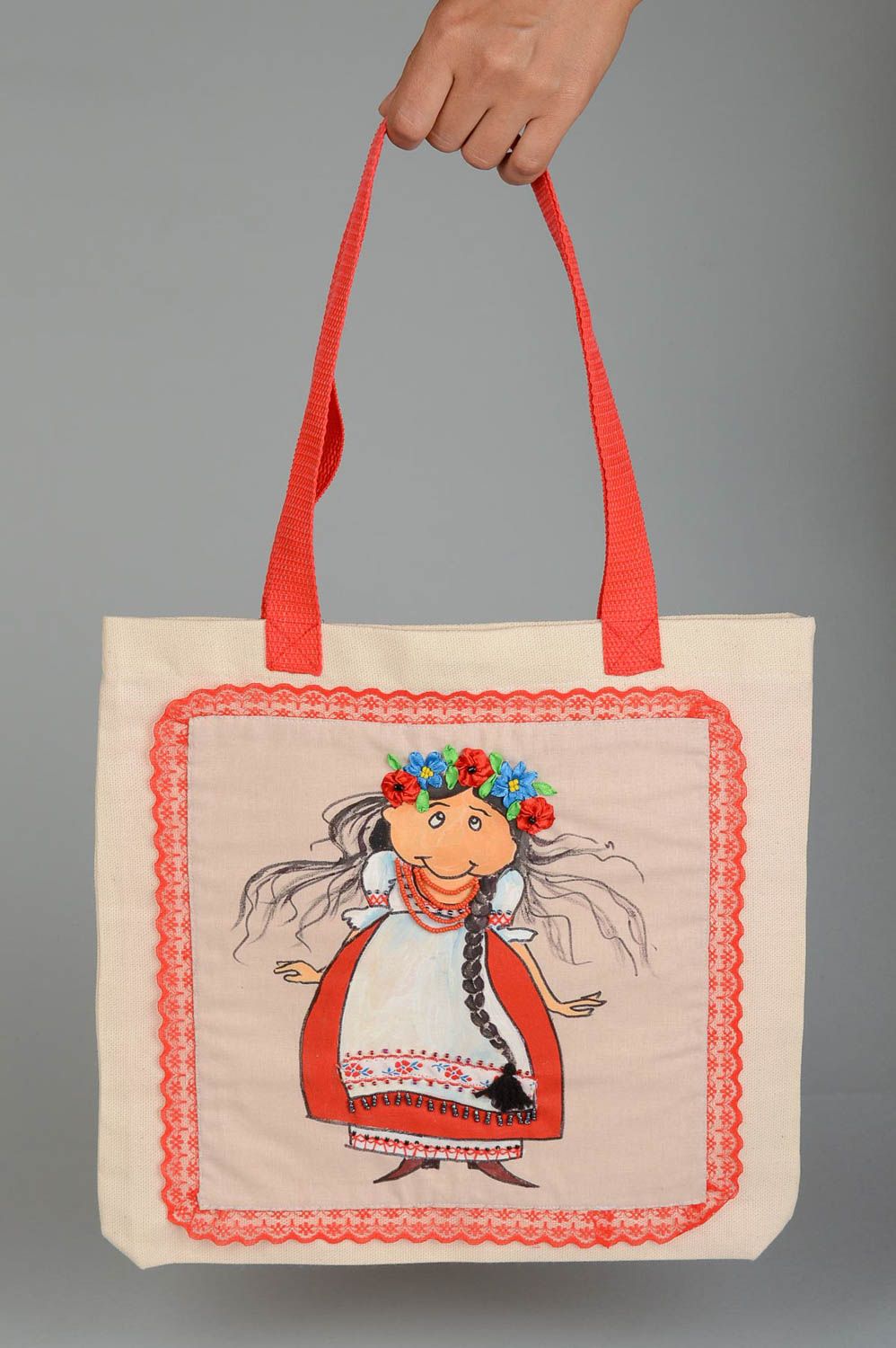 Handmade fabric bag with painting designer large bag textile handbag for women photo 5