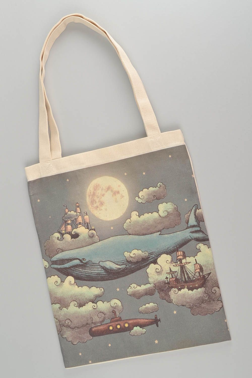 Handmade designer women's fabric bag with image of whale swimming in the sky photo 2