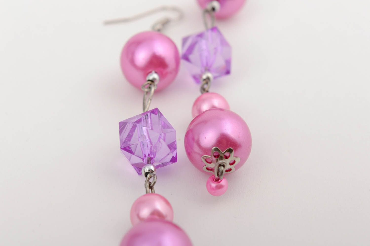 Handmade long dangle earrings with violet ceramic and plastic beads  photo 4
