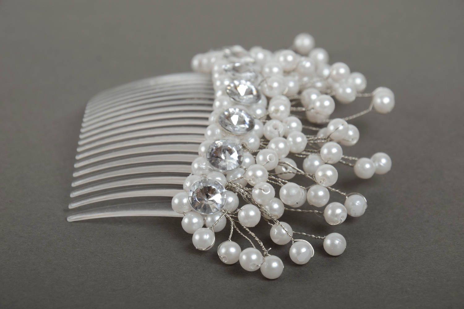 Beautiful handmade white plastic hair comb with beads and flowers photo 4