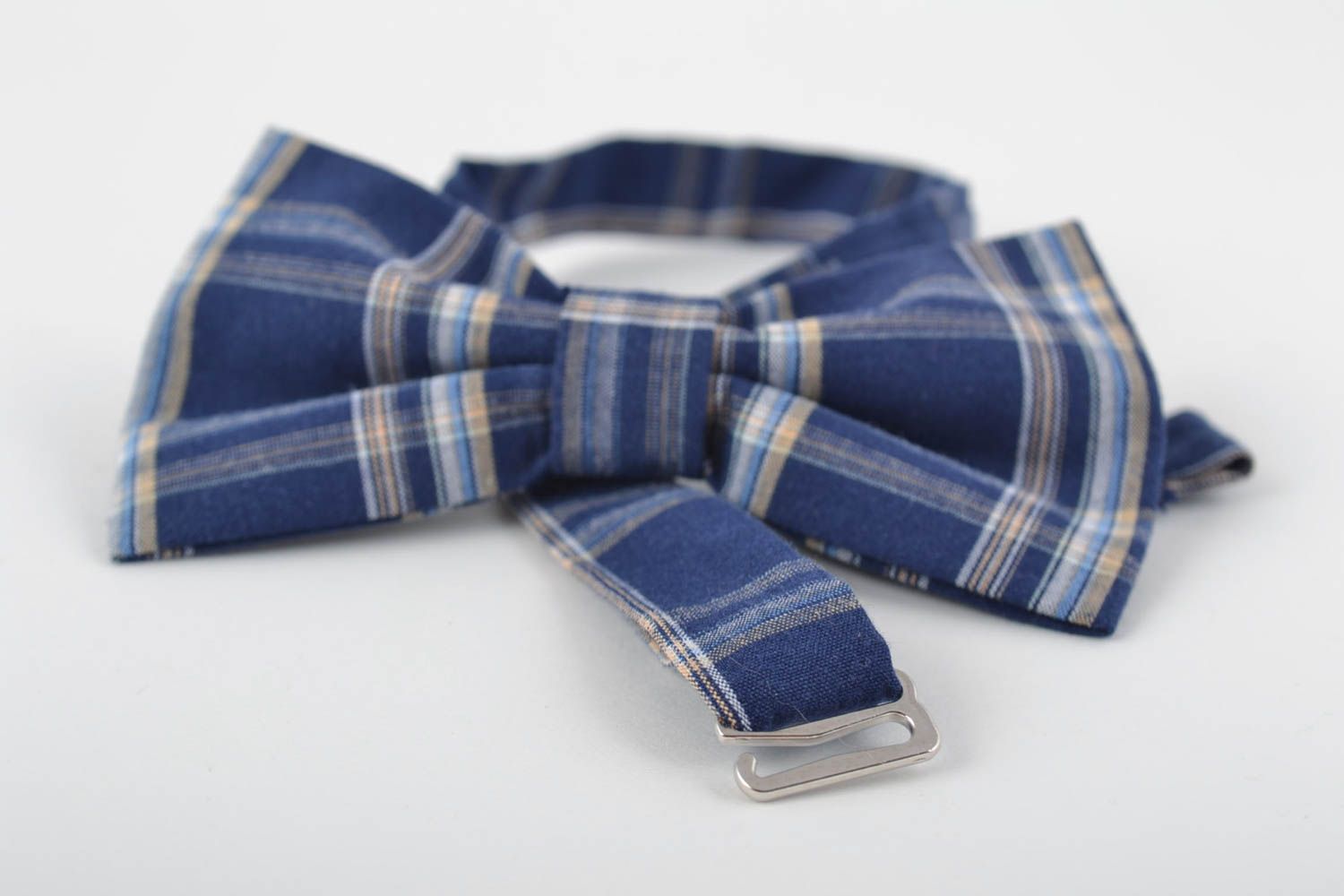 Beautiful blue checkered fabric bow tie with adjustable strap hand made photo 5