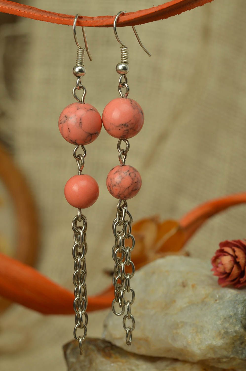 Handmade designer dangle earrings with pink round beads and metal chains photo 1