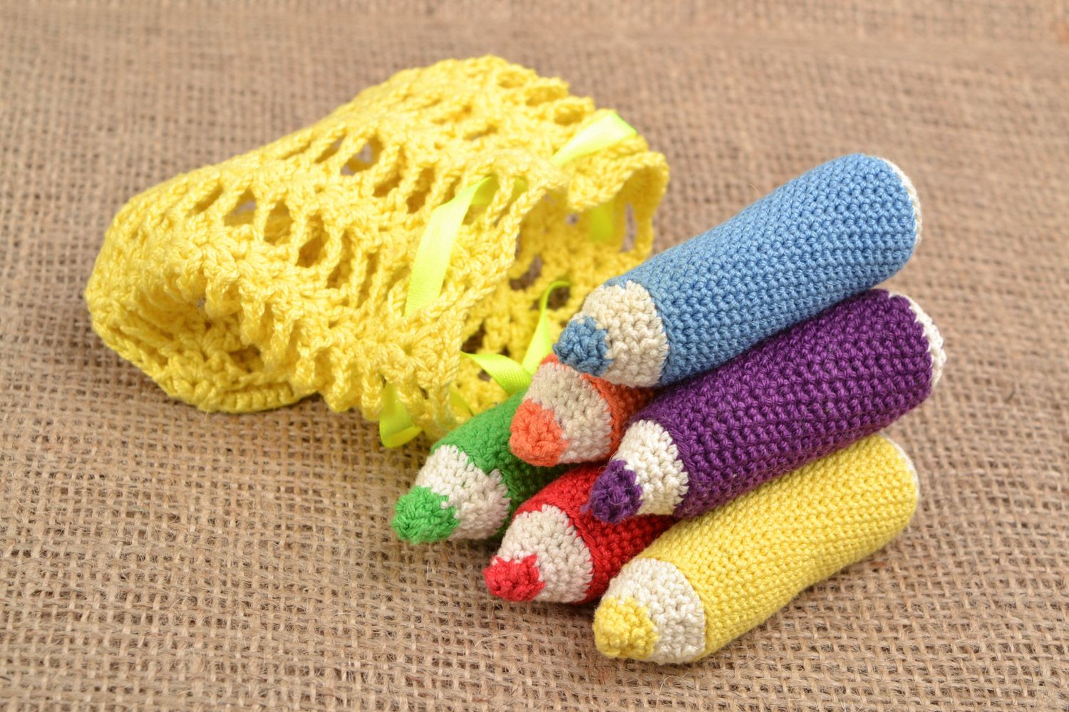 Set of 6 handmade crochet soft toys in the shape of colorful pencils with bag photo 1