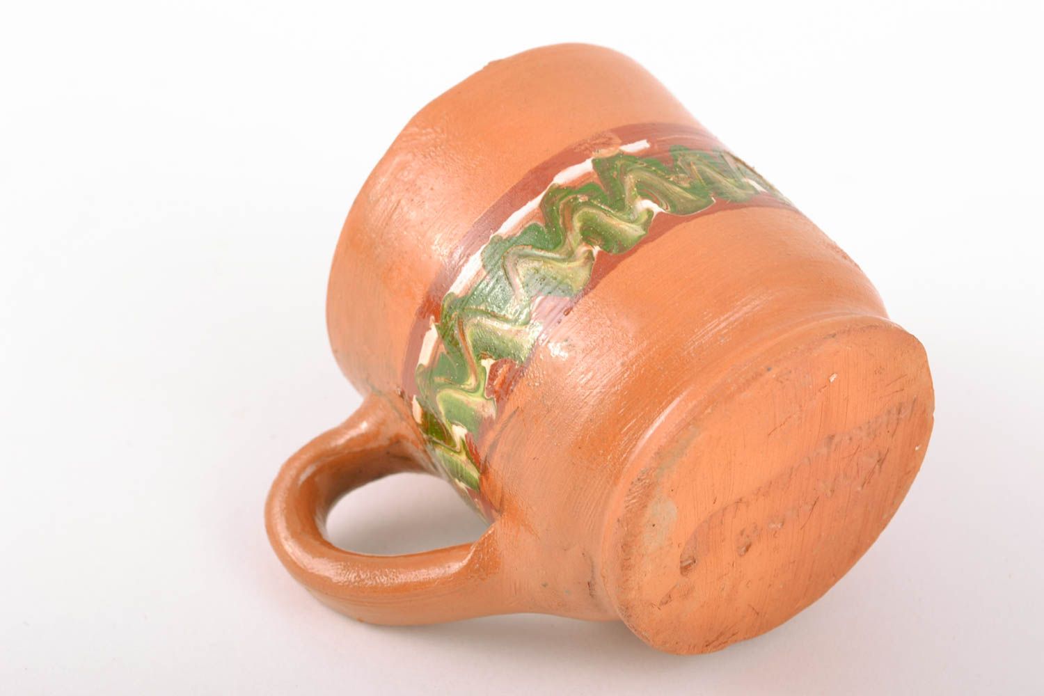 3 oz terracotta glazed drinking cup with handle and rustic style pattern photo 4