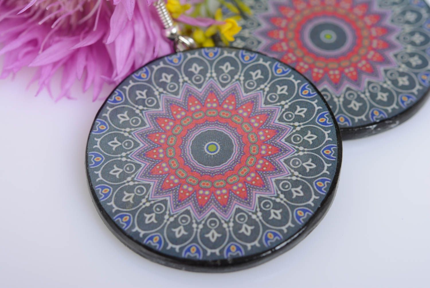 Bright handmade round plastic earrings with ethnic ornament unusual design photo 2