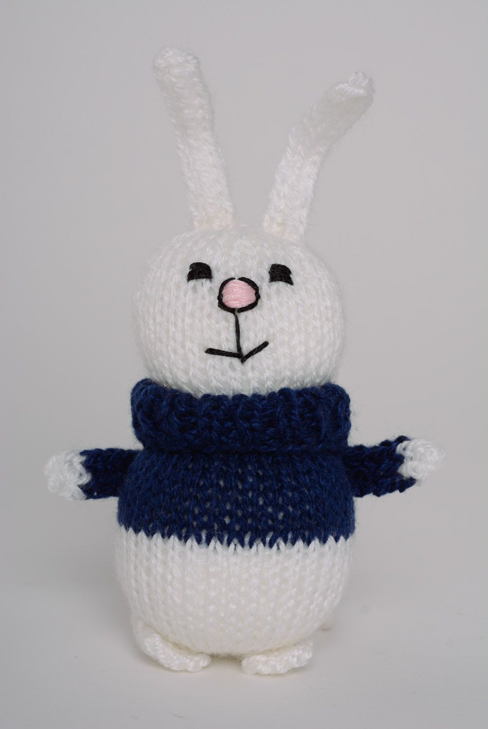 Funny small handmade knit soft toy hare of red color for kids photo 1