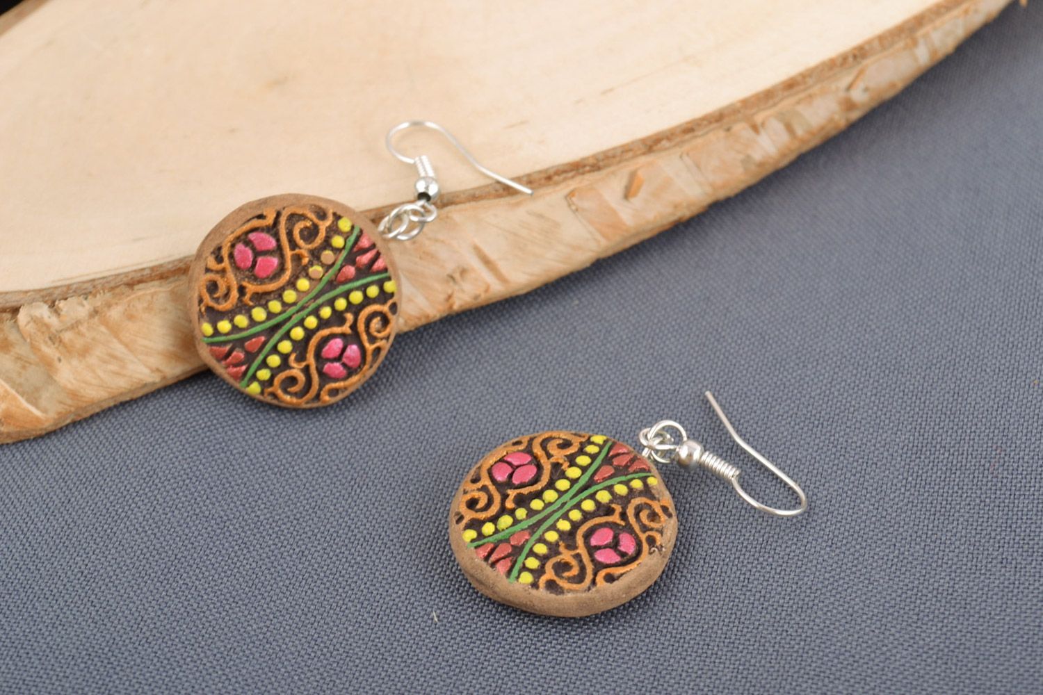 Handmade women's clay round earrings with acrylic painting photo 1