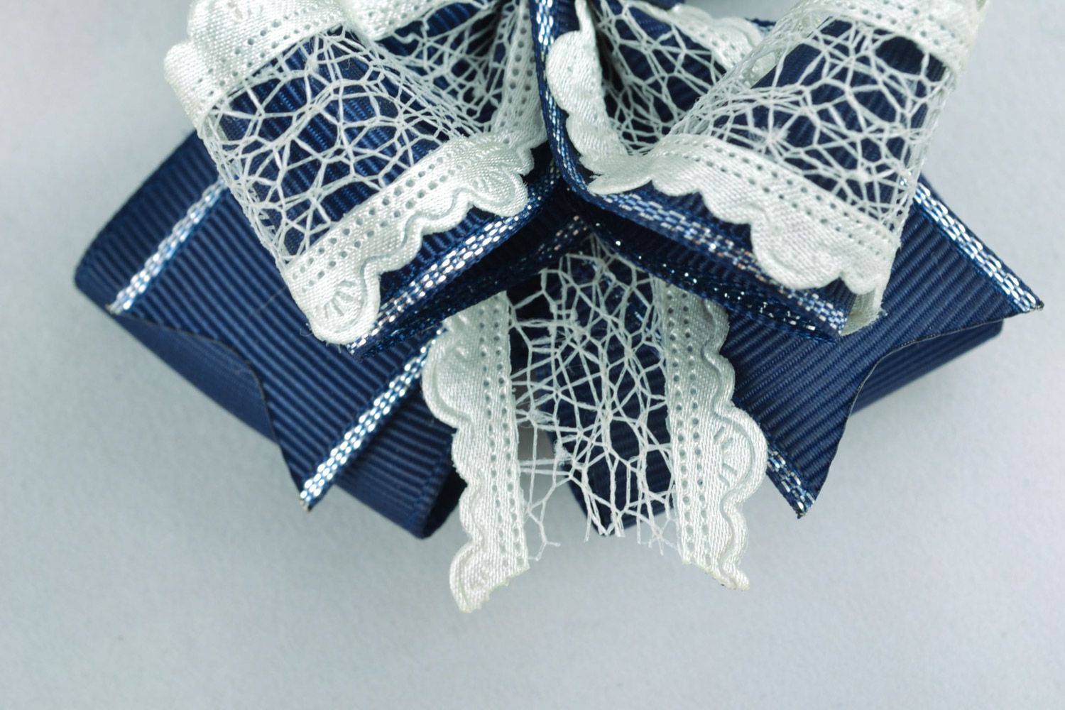 Set of blue handmade hair bows 2 pieces textile hair clips photo 4