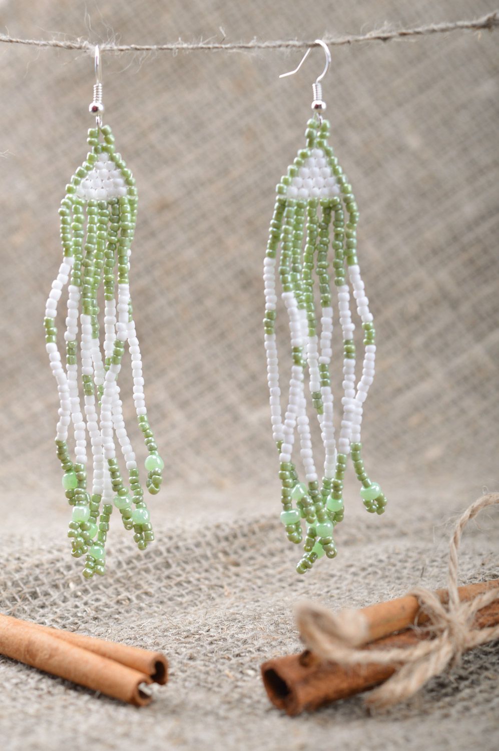 Handmade tender green and white long beaded earrings with fringe for romantic girl photo 5
