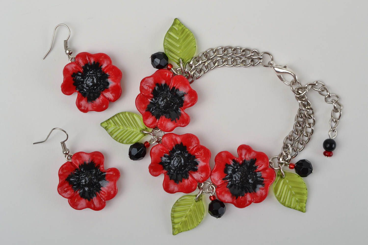 Handmade Schmuck Set mit Blumen aus Polymerton Armband und Ohrringe Mohnblumen foto 3