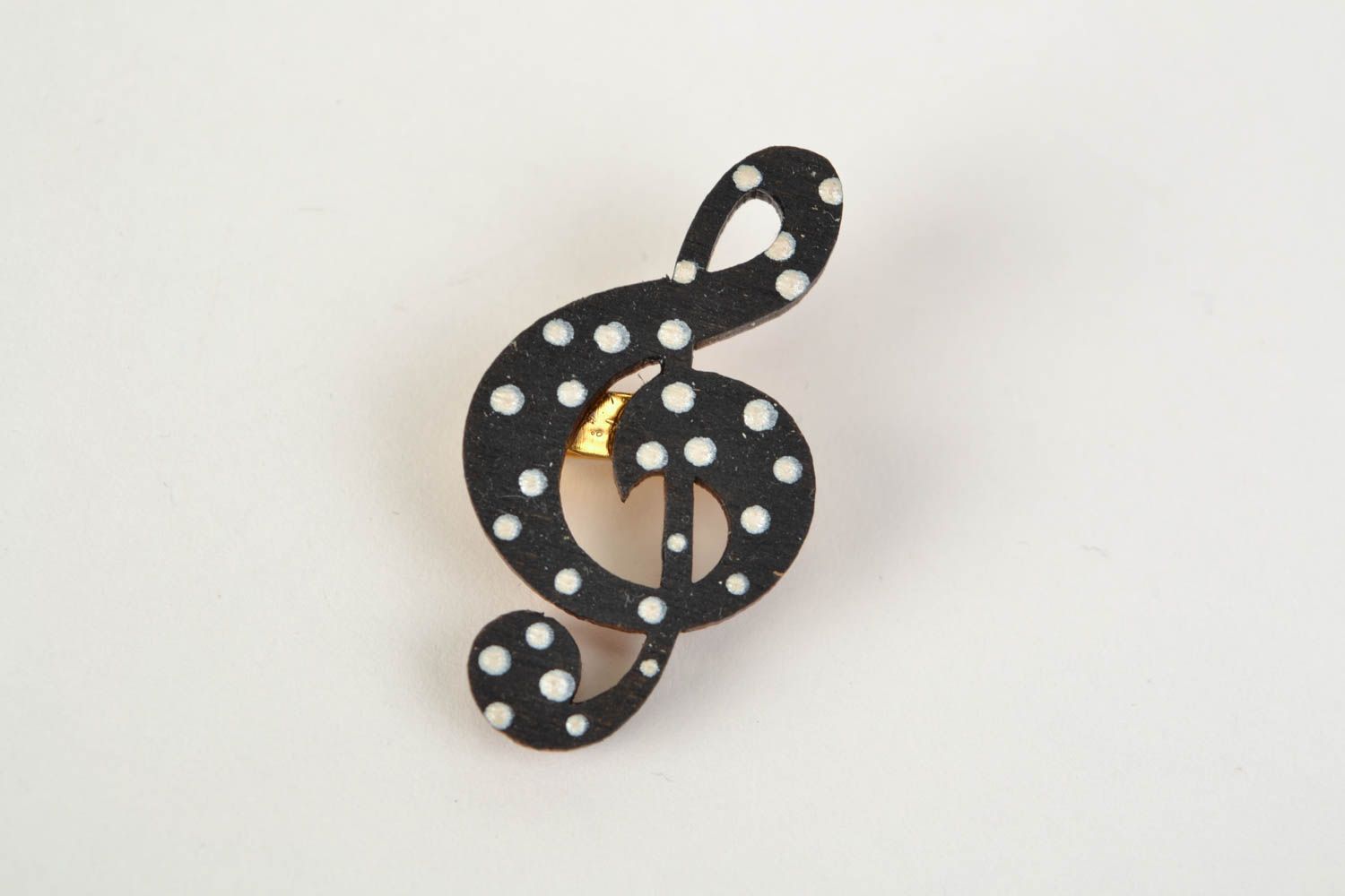 Handmade wooden brooch painted with acrylics in the shape of treble clef photo 3