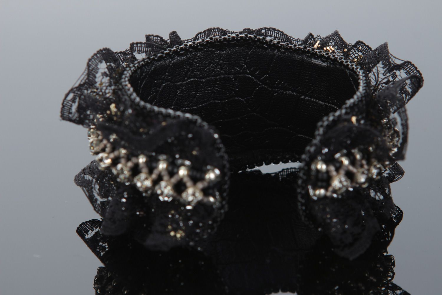 Handmade black wrist bracelet decorated with beads lace and Austrian crystal photo 3