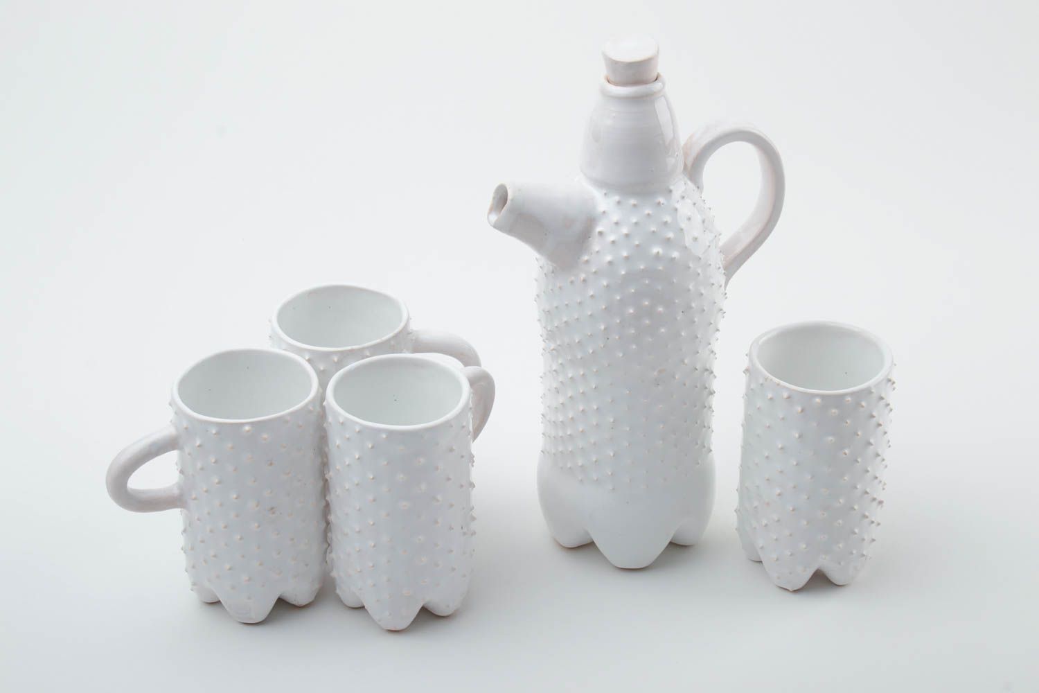 Set of handmade ceramic pottery 20 oz teapot tall drinking 8 oz cups in white color with handle photo 2