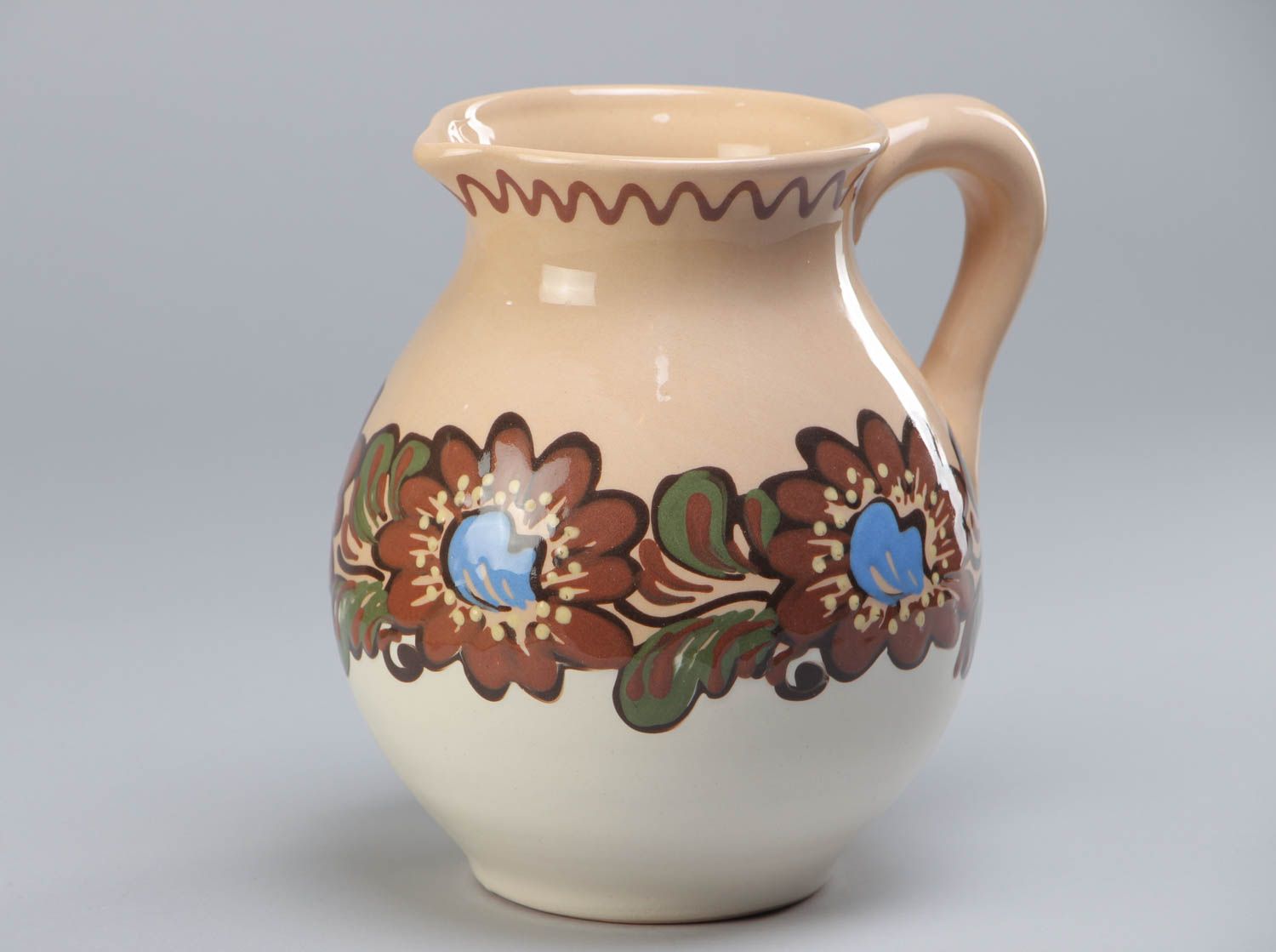 Cruche en céramique belle avec anse 2 litres beige à motif floral faite main  photo 2