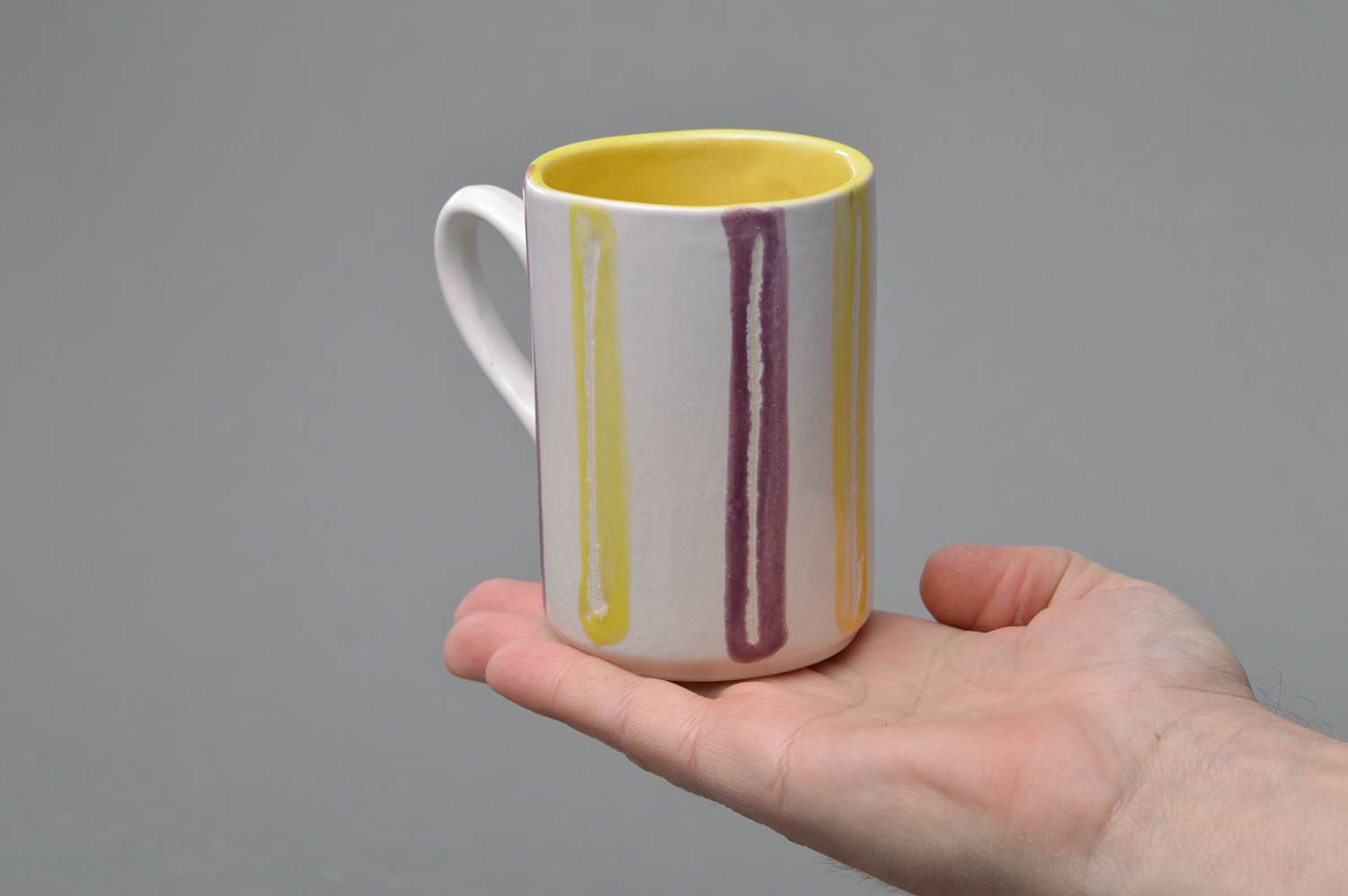 Porcelain ceramic tall coffee mug in white yellow and cherry colors with handle photo 4