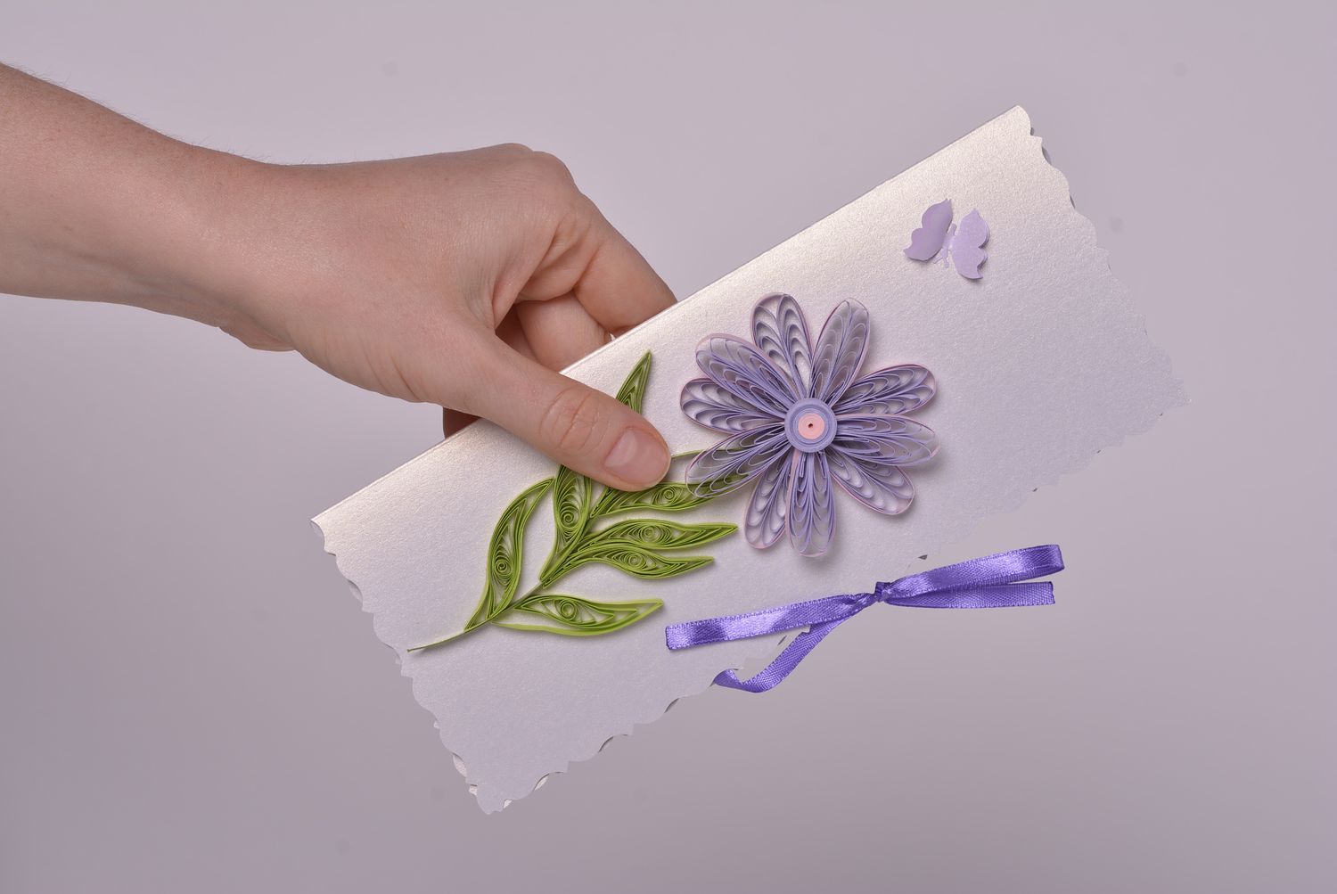 Carte de voeux fait main rectangulaire avec fleur violette Cadeau original photo 1