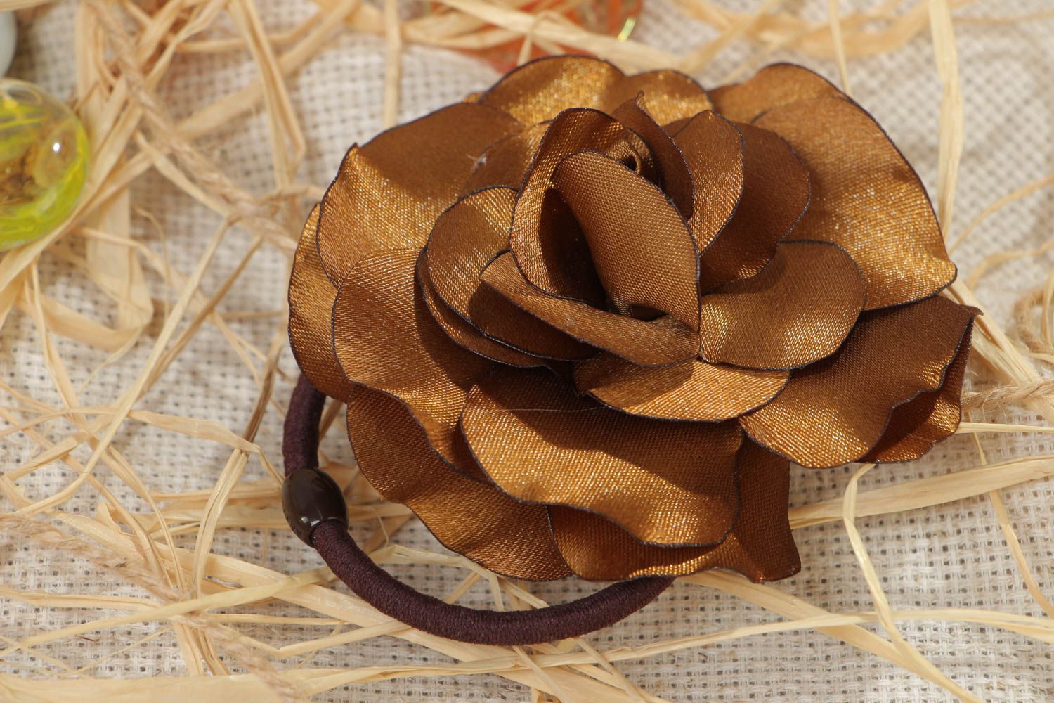 Handmade decorative hair band with volume satin ribbon rose flower of brown color photo 1