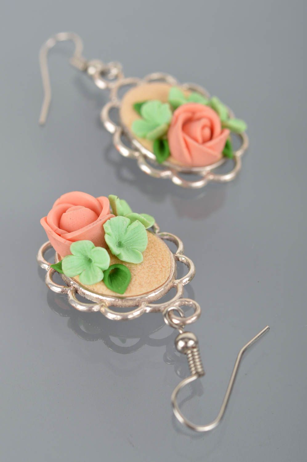 Earrings with flowers made of polymer clay on metal base in pastel colors photo 5