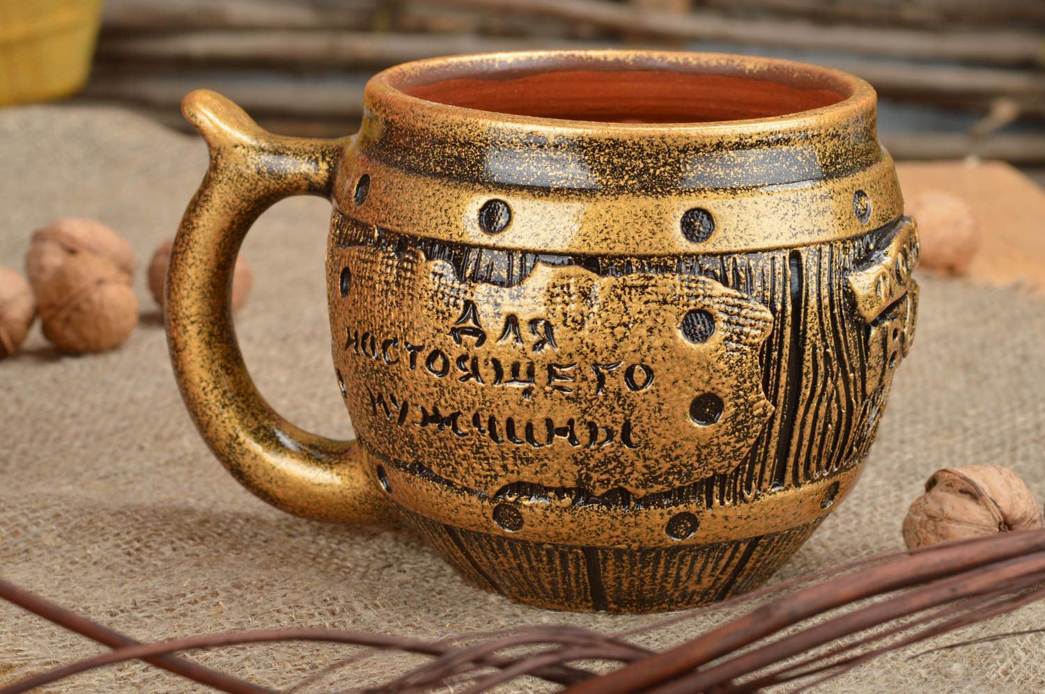 Handmade designer painted ceramic beer mug of gold color 500 ml photo 1