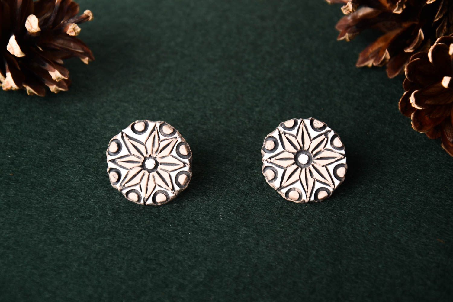 Stylish handmade earrings unusual stud natural clay accessories for girls photo 1