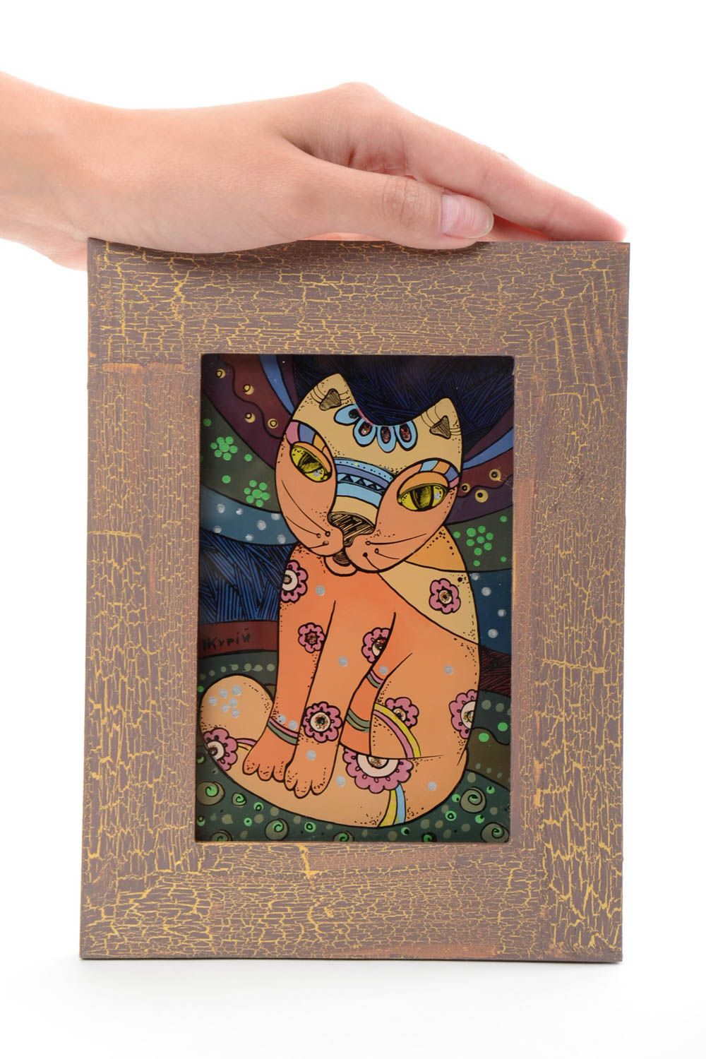 Картина масляными красками в раме цветная красивая с котом небольшая хэнд мейд фото 5