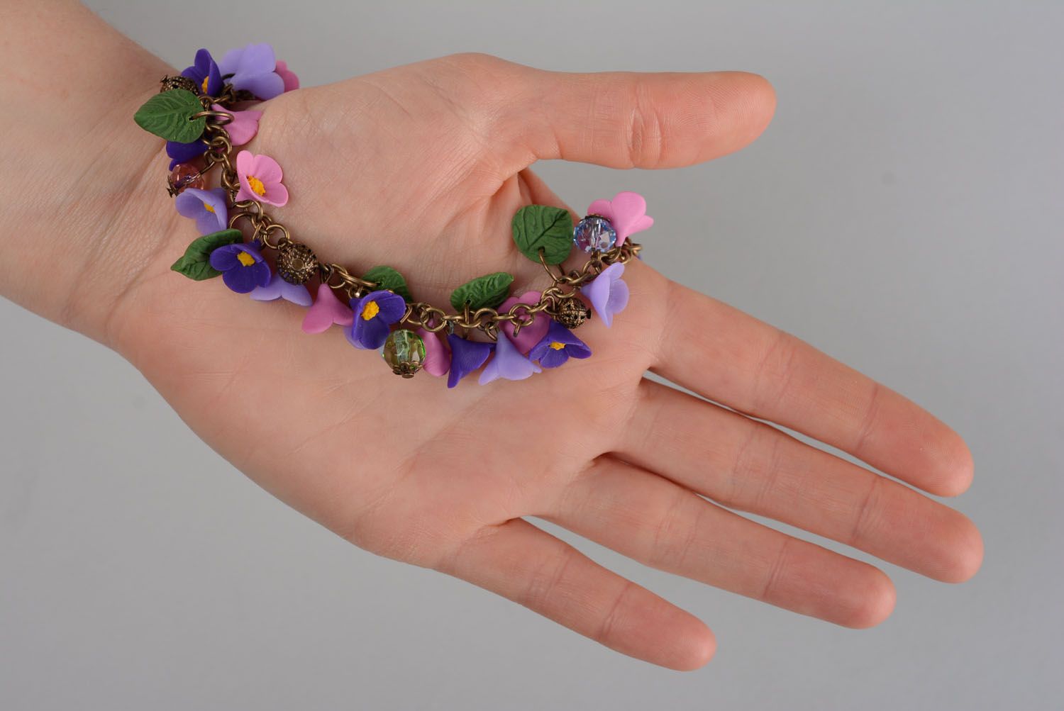 Dark blue, light blue, pink lilac flowers' bracelet for a girl photo 2