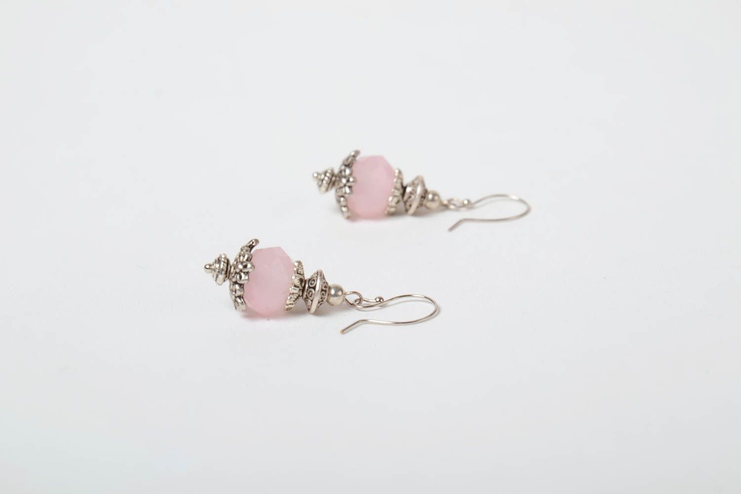 Beautiful tender cute handmade small copper earrings with synthetic pink crystal photo 3