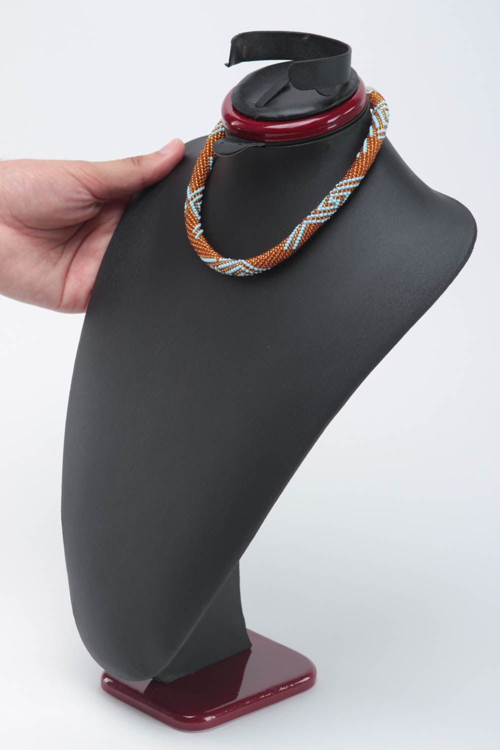 Collier spirale Bijou fait main perles de rocaille Cadeau femme marron et bleu photo 5