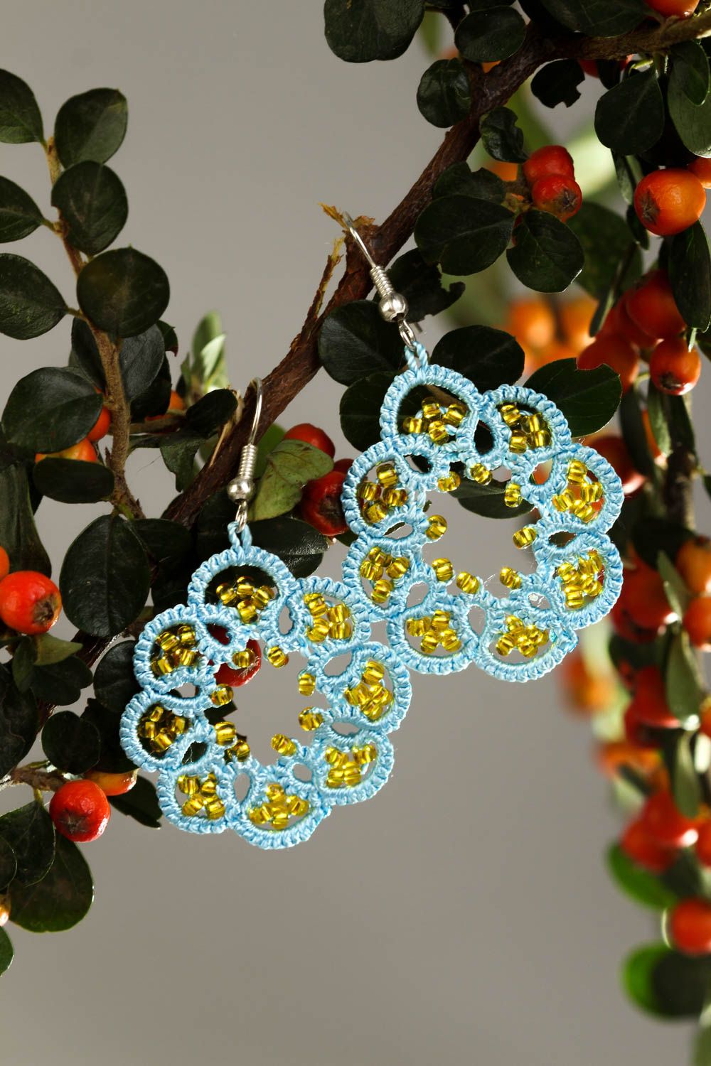Blue handmade tatting earrings woven textile earrings accessories for girls photo 1