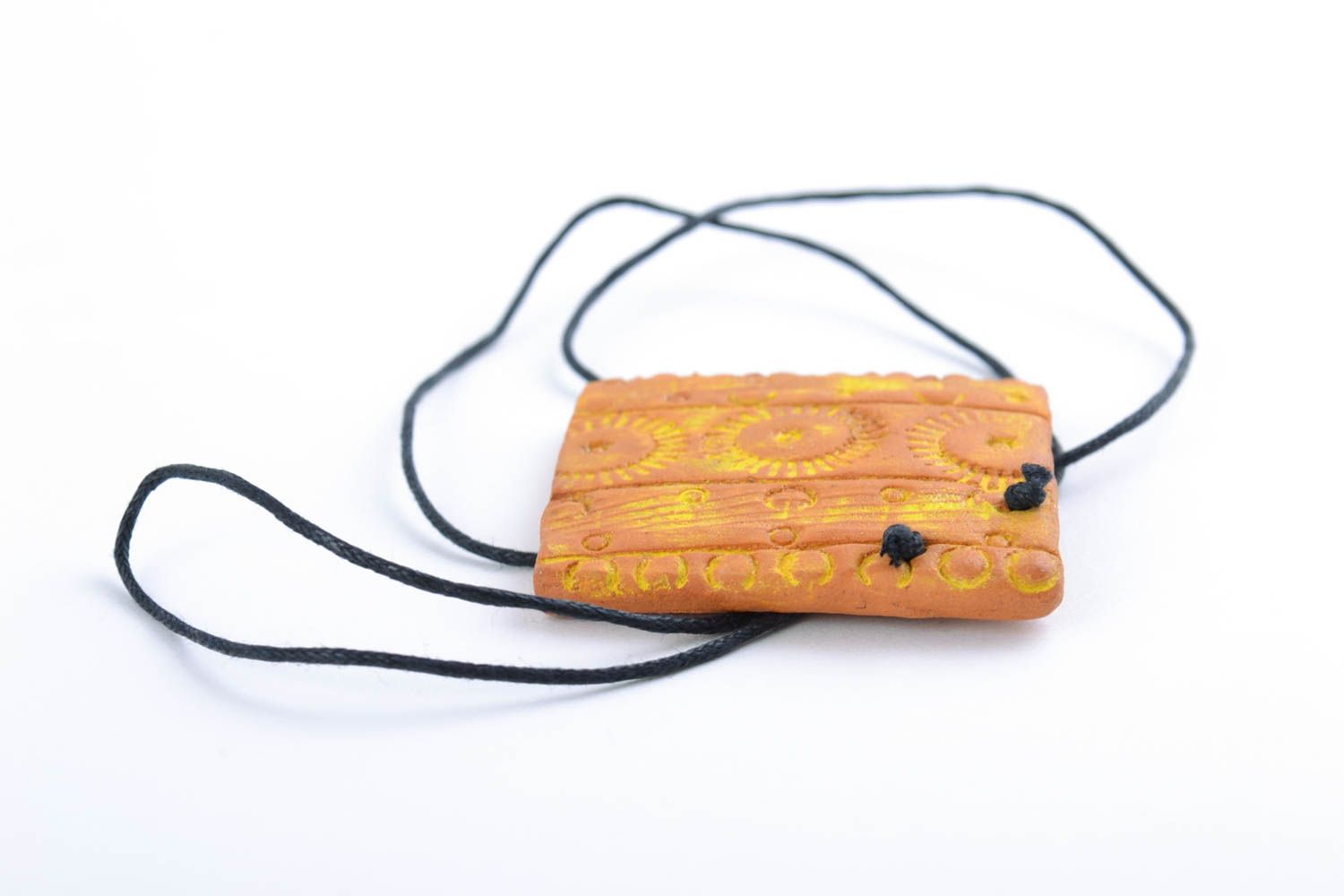 Handmade square orange ceramic pendant painted with acrylics in ethnic style photo 5