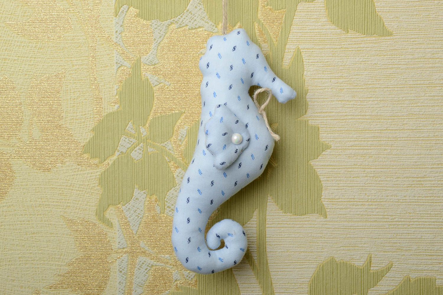 Handmade decorative wall hanging soft toy sea horse sewn of blue cotton fabric photo 1