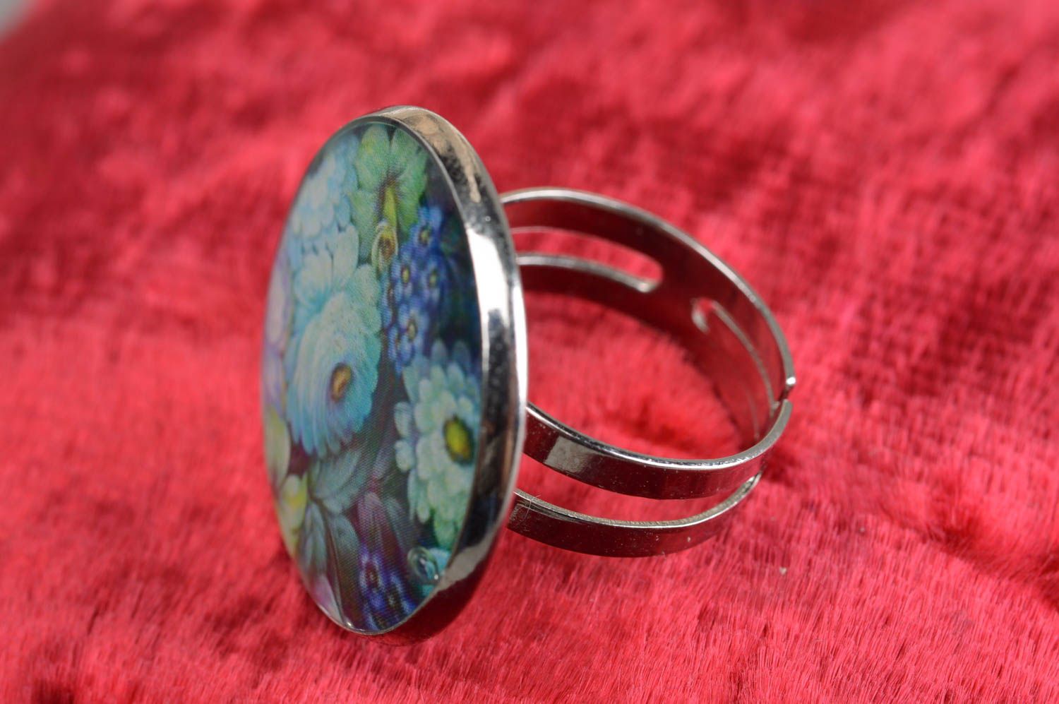 Beautiful handmade designer decoupage ring with flowers coated with epoxy resin photo 1