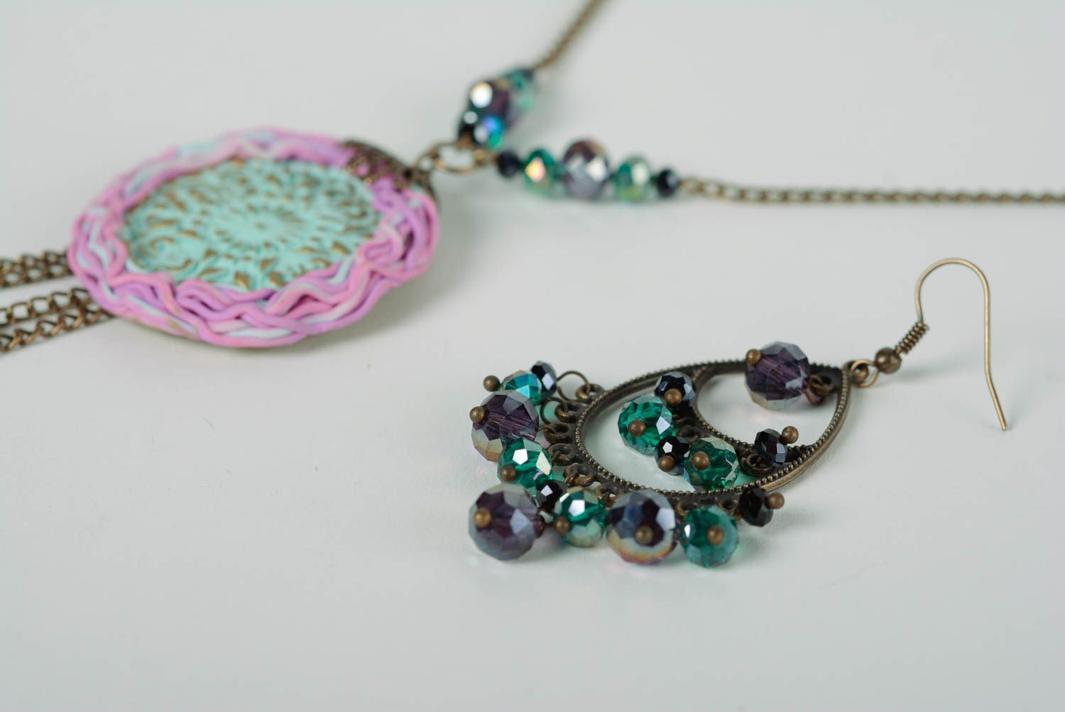 Set of handmade jewelry made of crystal and polymer clay earrings and pendant photo 2