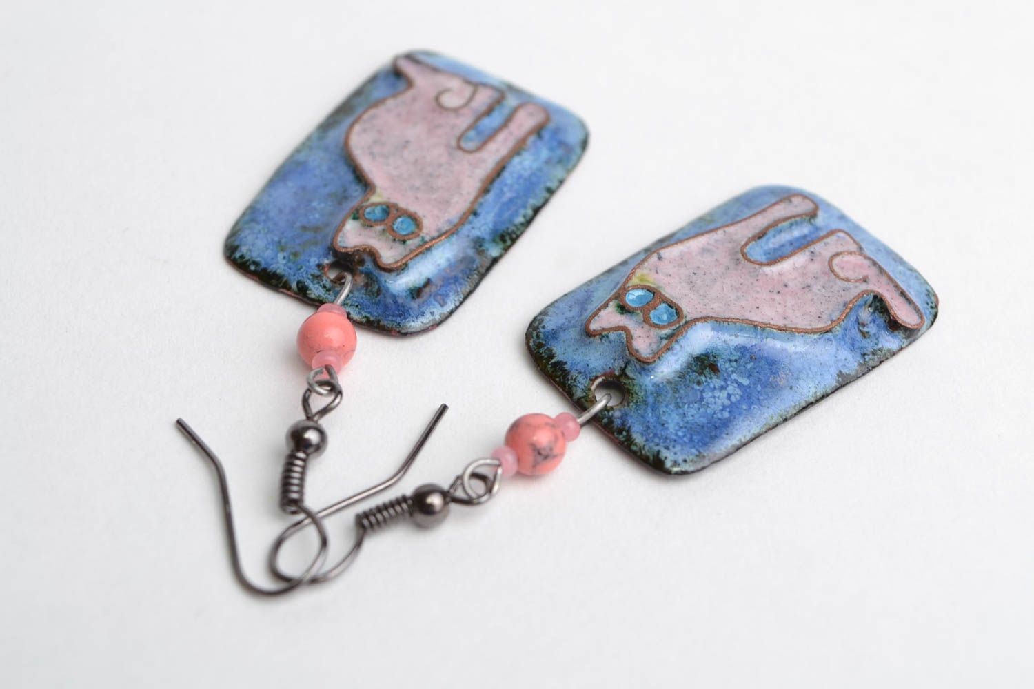 Handmade designer rectangular enameled copper dangling earrings Violet Cats photo 4