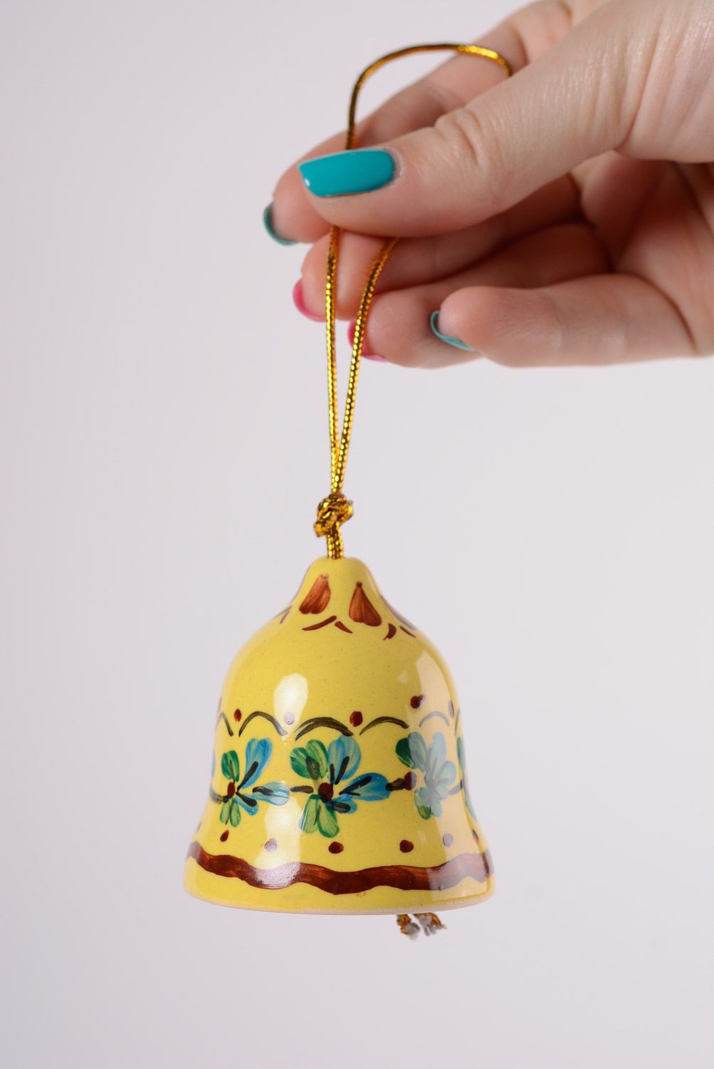 Handmade decorative yellow maiolica ceramic hanging bell painted with glaze photo 2