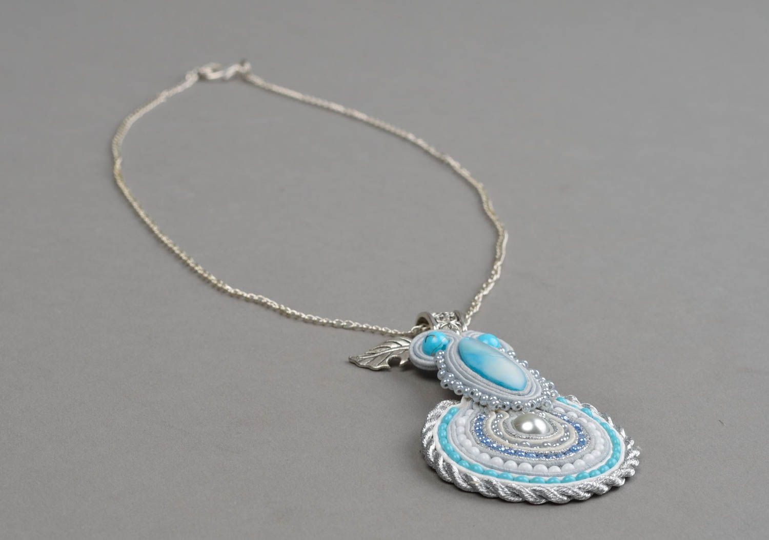 Handmade unusual pendant soutache designer accessory jewelry with pearls photo 4