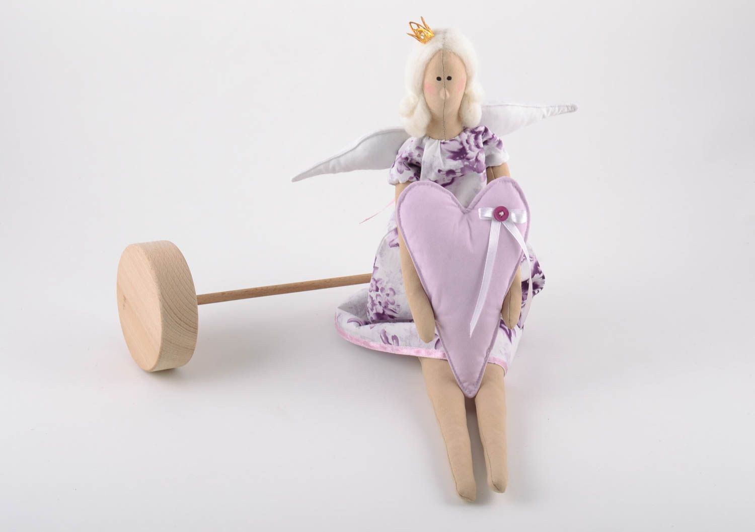 Handmade linen fabric soft doll fairy in violet color shades with wooden stand  photo 5